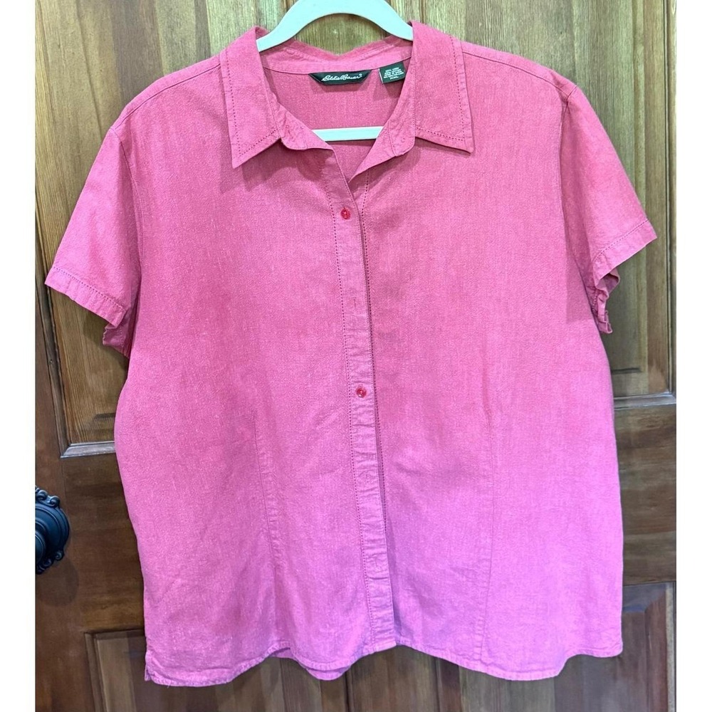 Eddie Bauer Womens XXL Raspberry Pink Red Linen Cotton SS Button Down Shirt